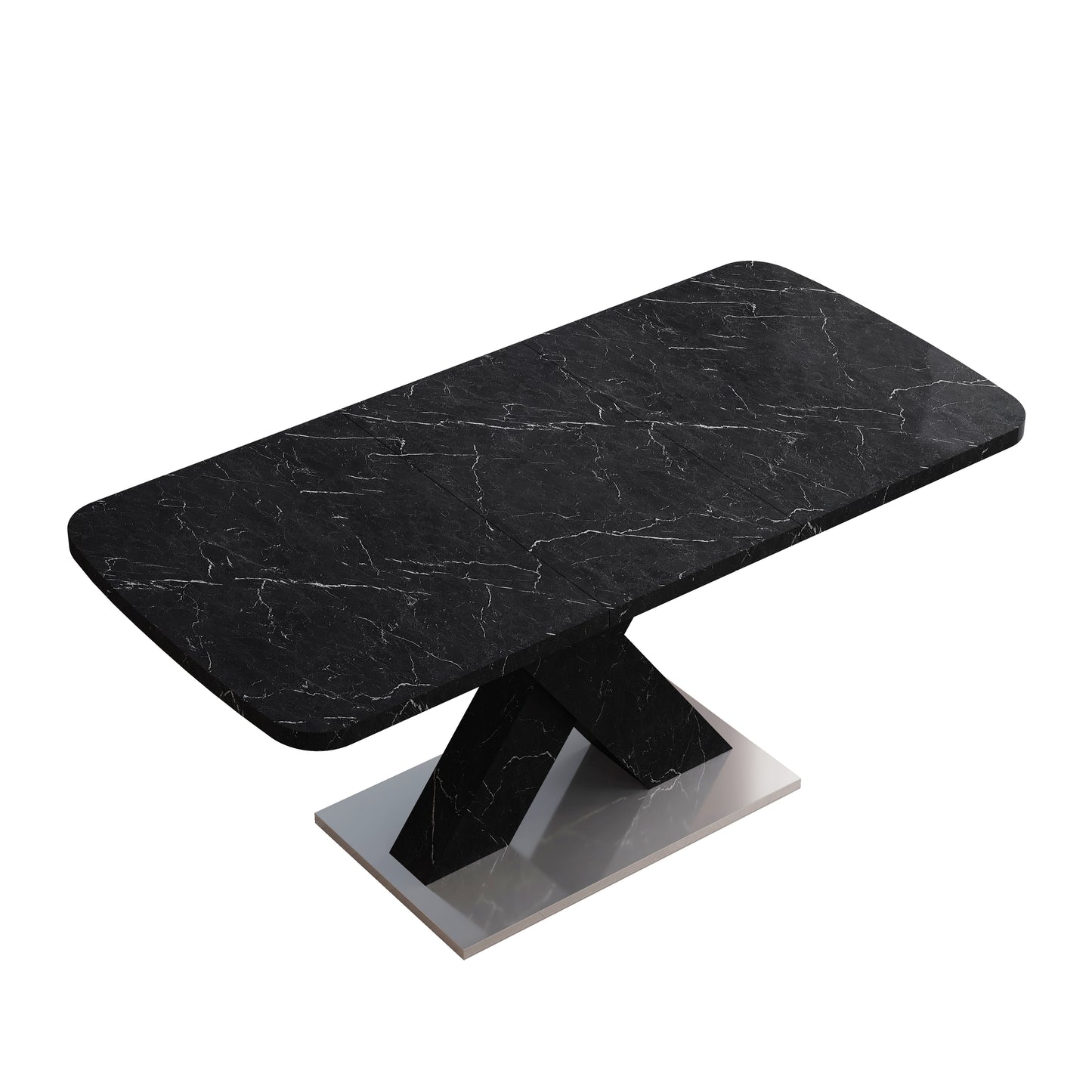 Modern Rectangle Dining Table Stretchable,Printed Black Marble Table Top MDF X-Shape Table Leg With Metal Base