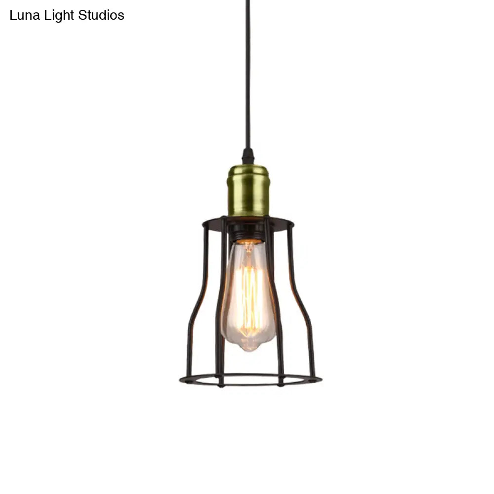 1-Bulb Bronze/Brass Suspended Metal Pendant Lamp - Mini Industrial Wire Cage Light for Living Room