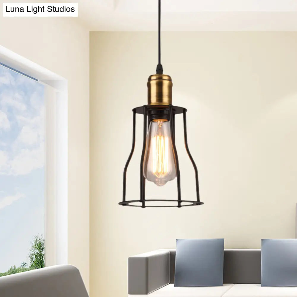 1-Bulb Bronze/Brass Suspended Metal Pendant Lamp - Mini Industrial Wire Cage Light for Living Room