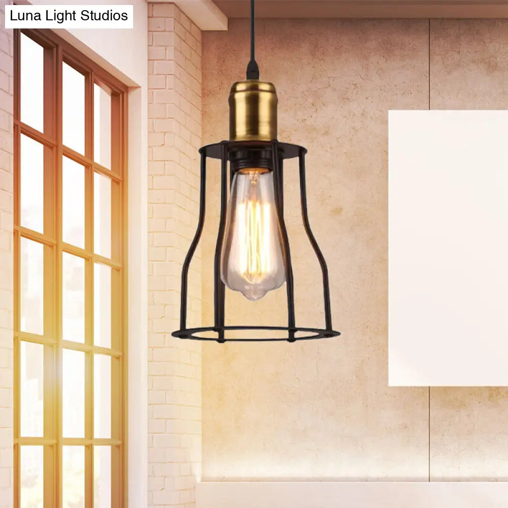 1-Bulb Bronze/Brass Suspended Metal Pendant Lamp - Mini Industrial Wire Cage Light for Living Room