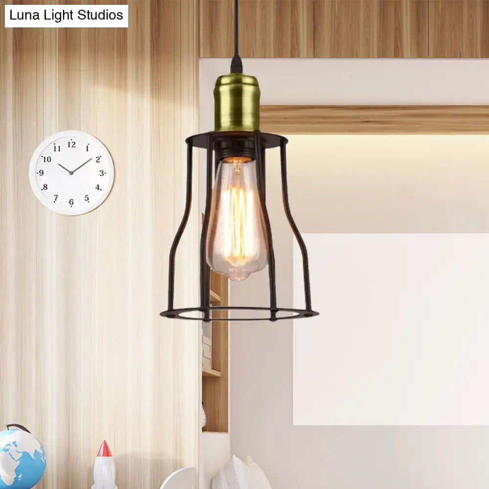 1-Bulb Bronze/Brass Suspended Metal Pendant Lamp - Mini Industrial Wire Cage Light for Living Room