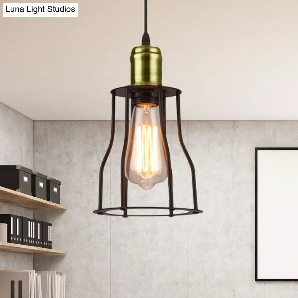 1-Bulb Bronze/Brass Suspended Metal Pendant Lamp - Mini Industrial Wire Cage Light for Living Room