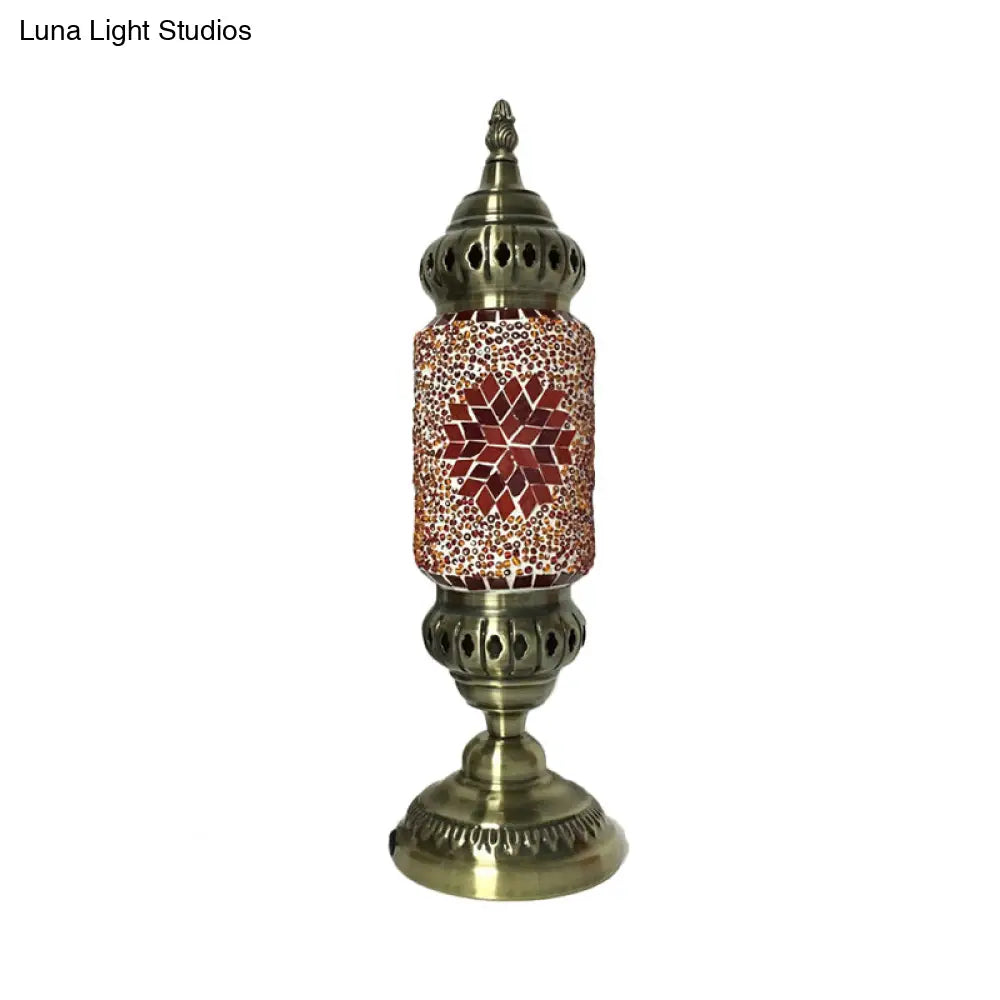 1-Bulb Cylinder Night Table Lamp with Red/Blue Glass Shade & Brass Metal Base - Task Lighting Tradition