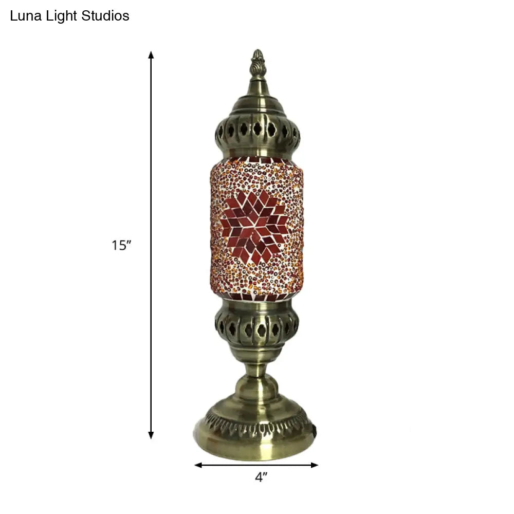 1-Bulb Cylinder Night Table Lamp with Red/Blue Glass Shade & Brass Metal Base - Task Lighting Tradition