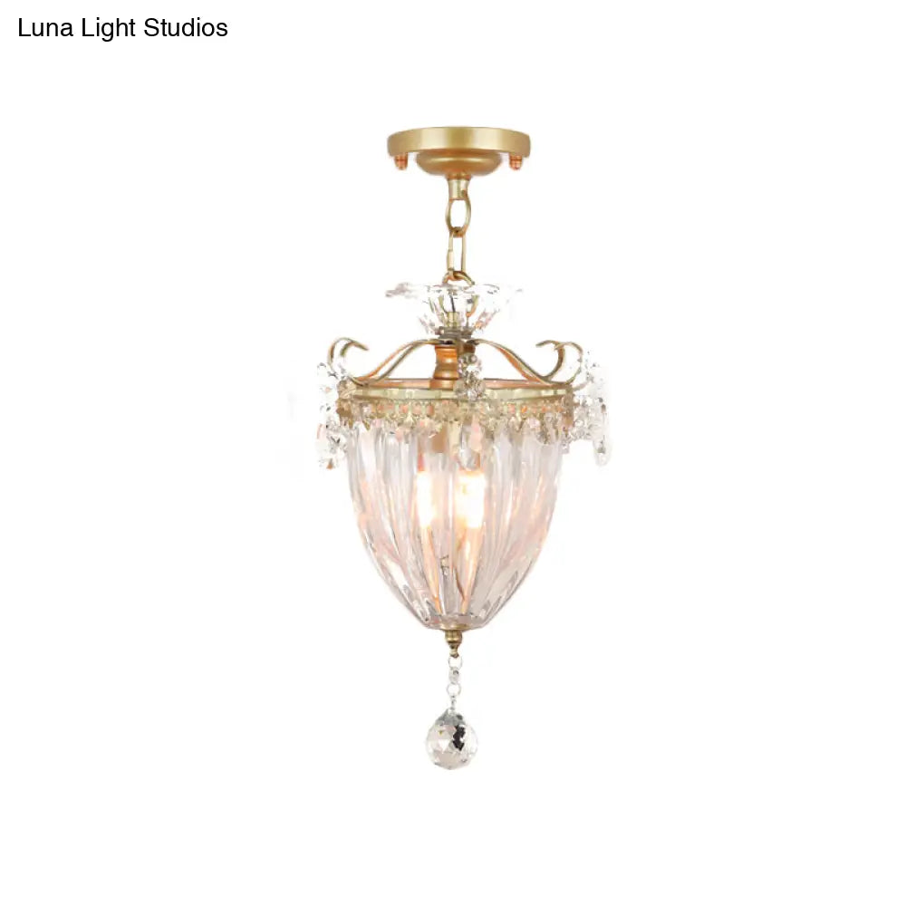 1-Bulb Semi Flush Gold Ceiling Light with Traditional Ribbed Crystal Bell Design