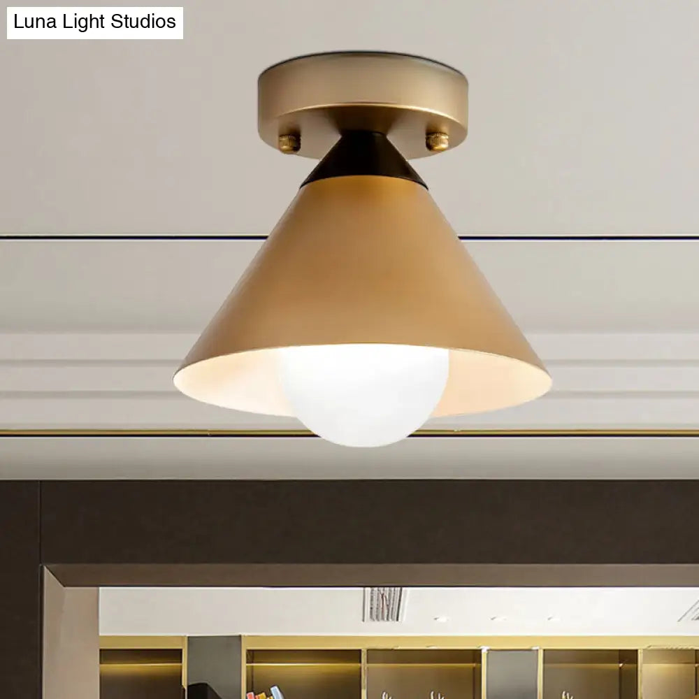1 Head Golden Flush Mount Ceiling Light with Metal Cone Shade - Minimalist Kitchen Lamp