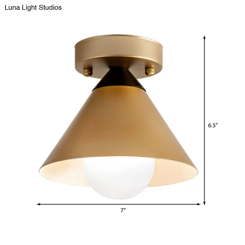 1 Head Golden Flush Mount Ceiling Light with Metal Cone Shade - Minimalist Kitchen Lamp