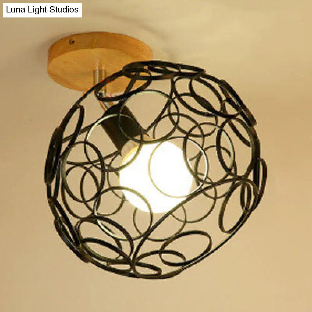 1 Head Semi Flush Mount Industrial Ceiling Light with Rotatable Globe/Barn Shade and Wooden Canopy - Black