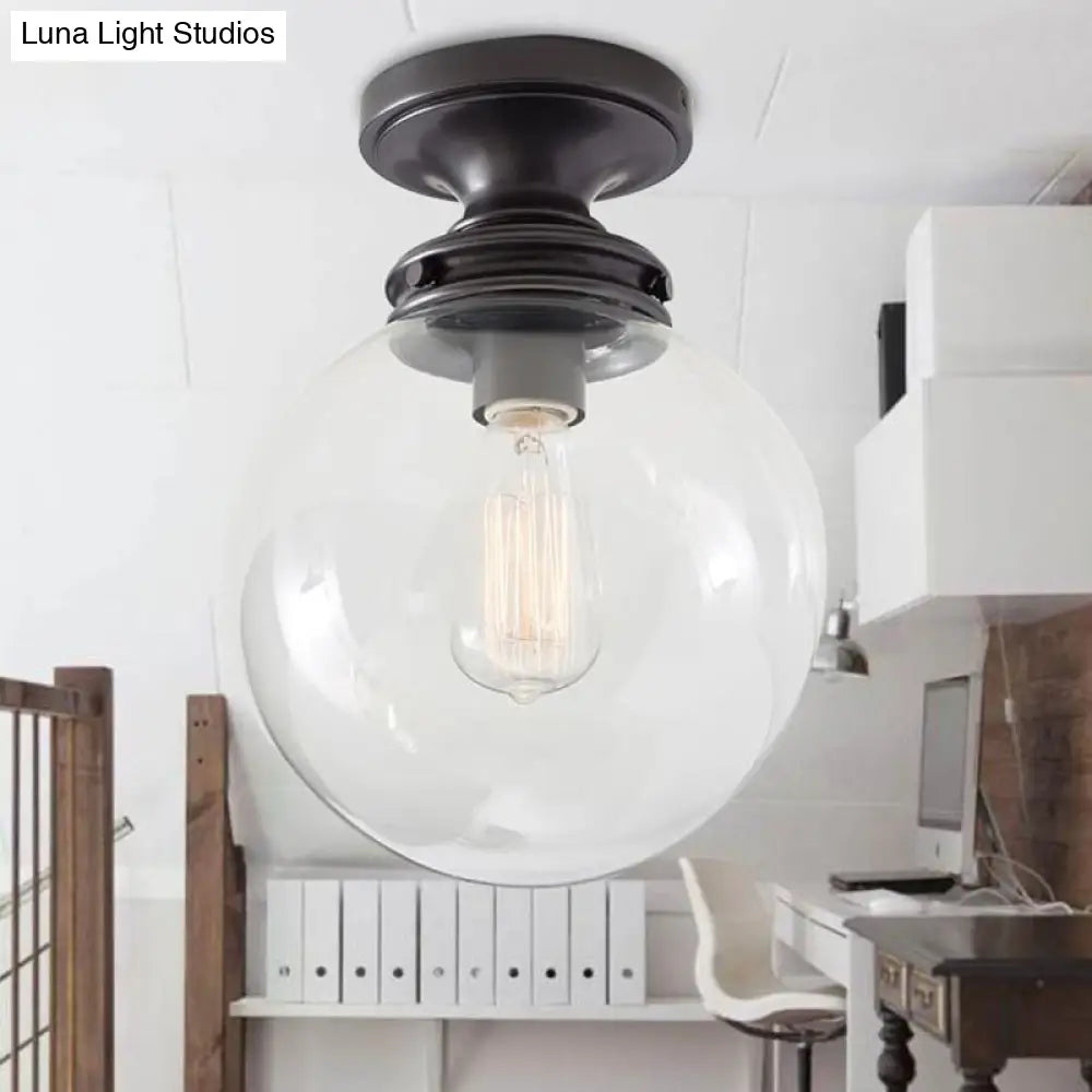 1-Light Black Industrial Ceiling Light with Clear Glass Shade - Round Flush-mount Lamp for Cloth Shop