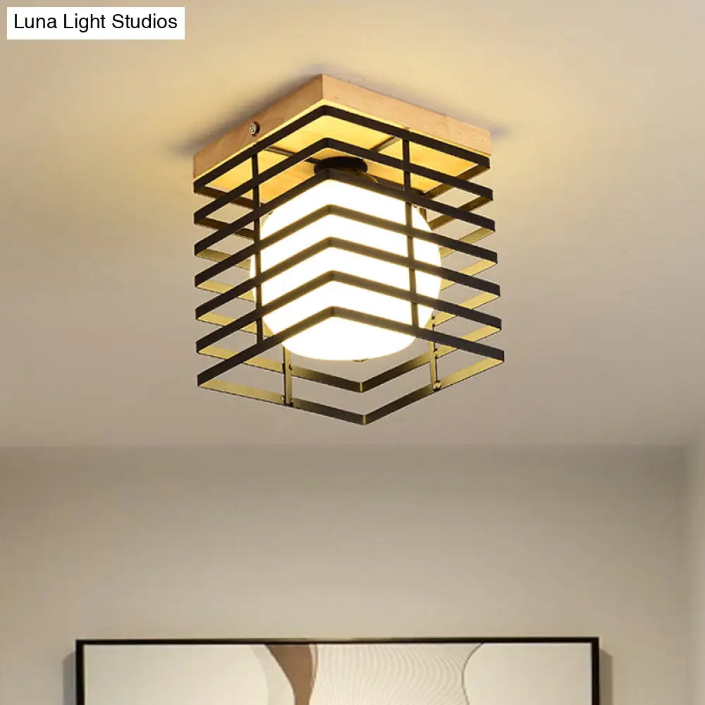 1-Light Black/White Metal Square Flush Mount Pendant Fixture for Corridor Ceiling