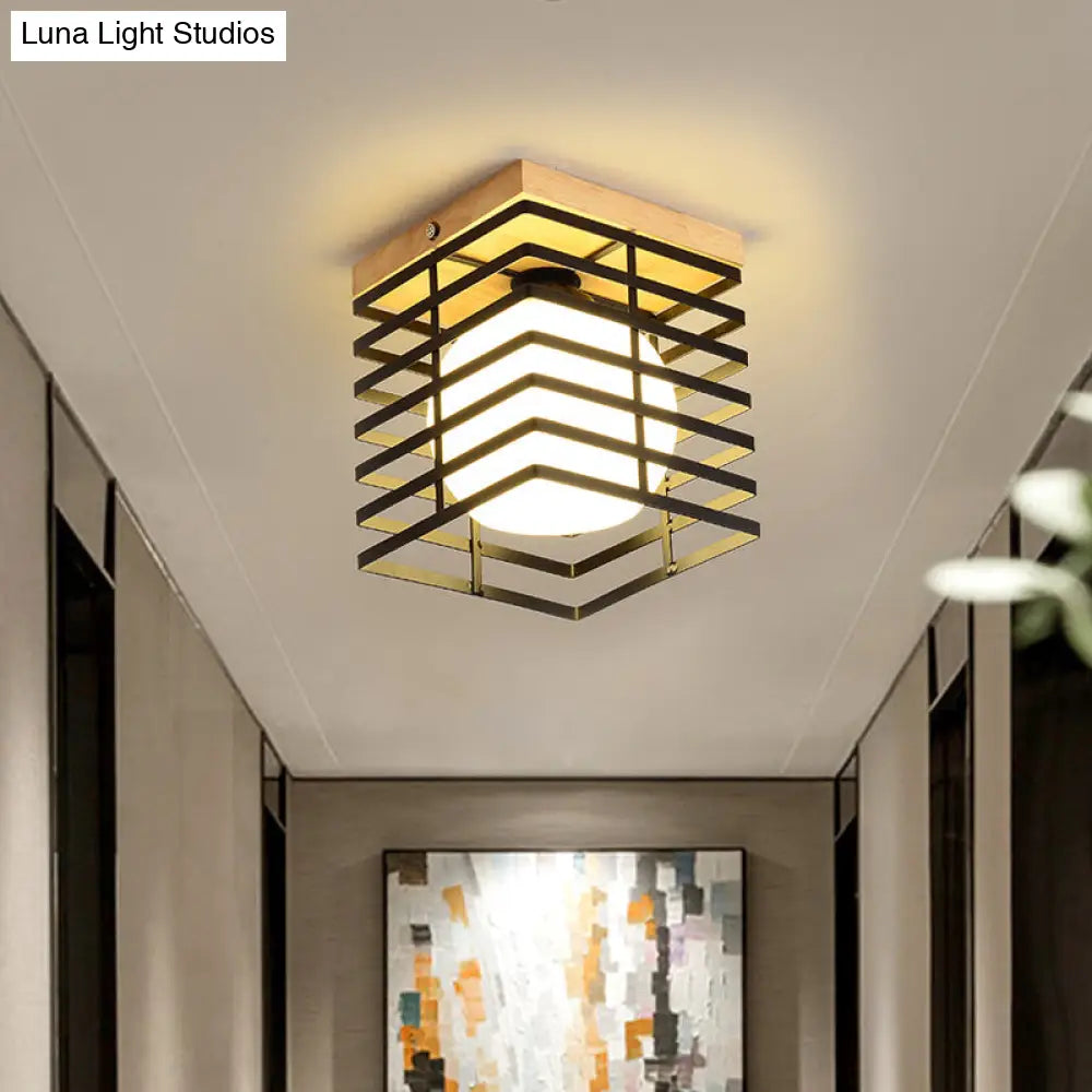 1-Light Black/White Metal Square Flush Mount Pendant Fixture for Corridor Ceiling