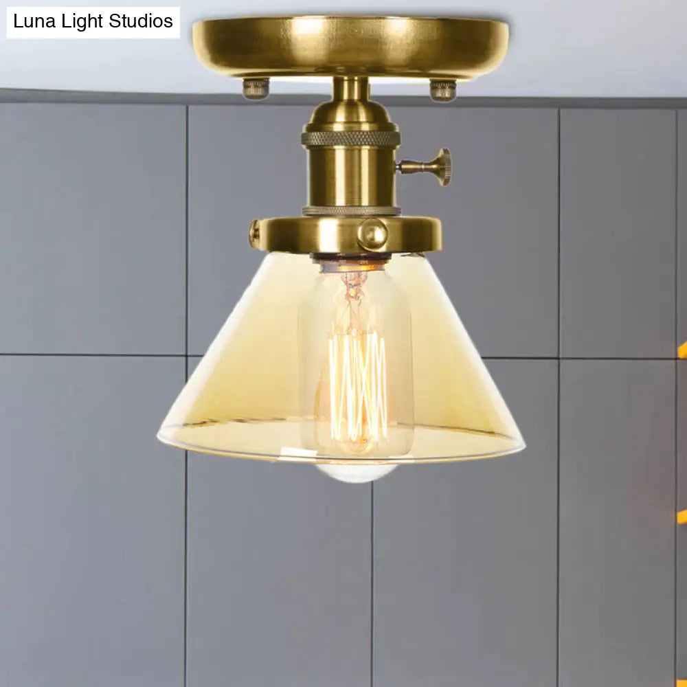 1-Light Clear/Amber Glass Ceiling Lighting - Industrial Brass Cone/Rhombus/Bell Semi Flush Mount for Dining Room