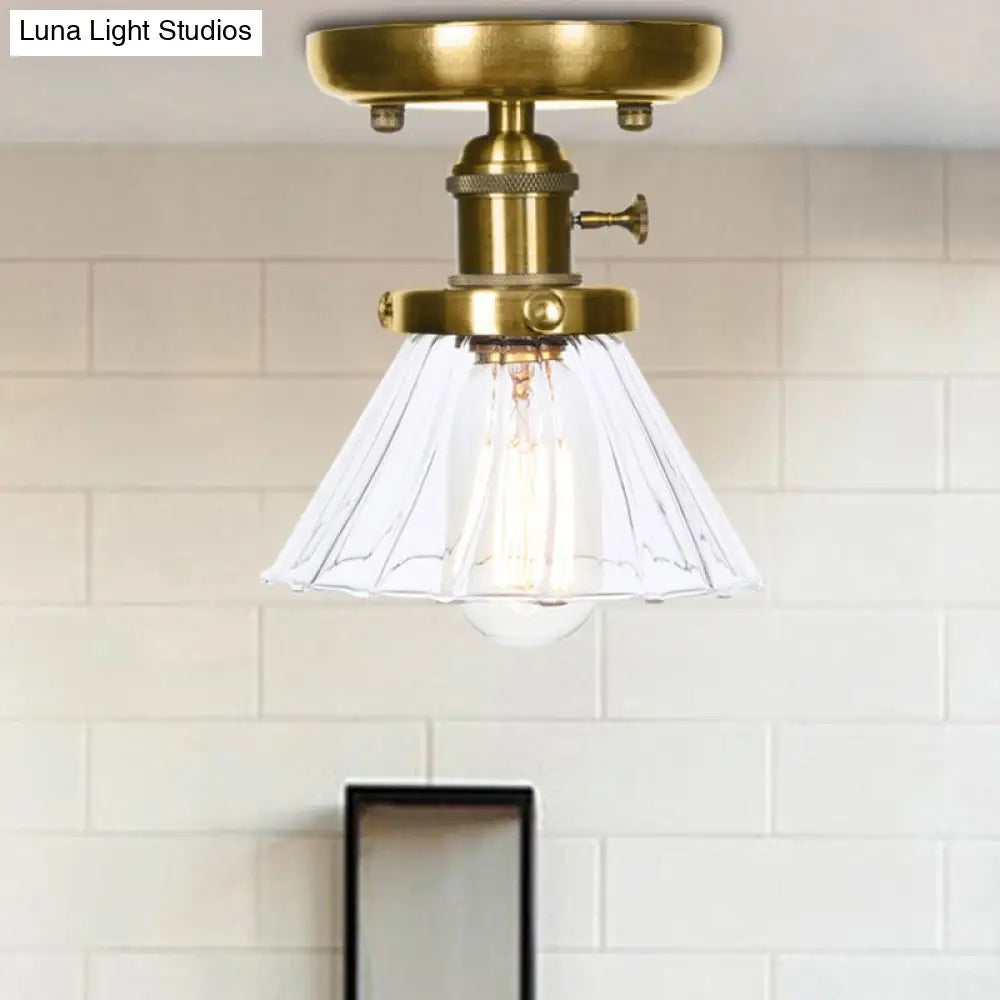 1-Light Clear/Amber Glass Ceiling Lighting - Industrial Brass Cone/Rhombus/Bell Semi Flush Mount for Dining Room