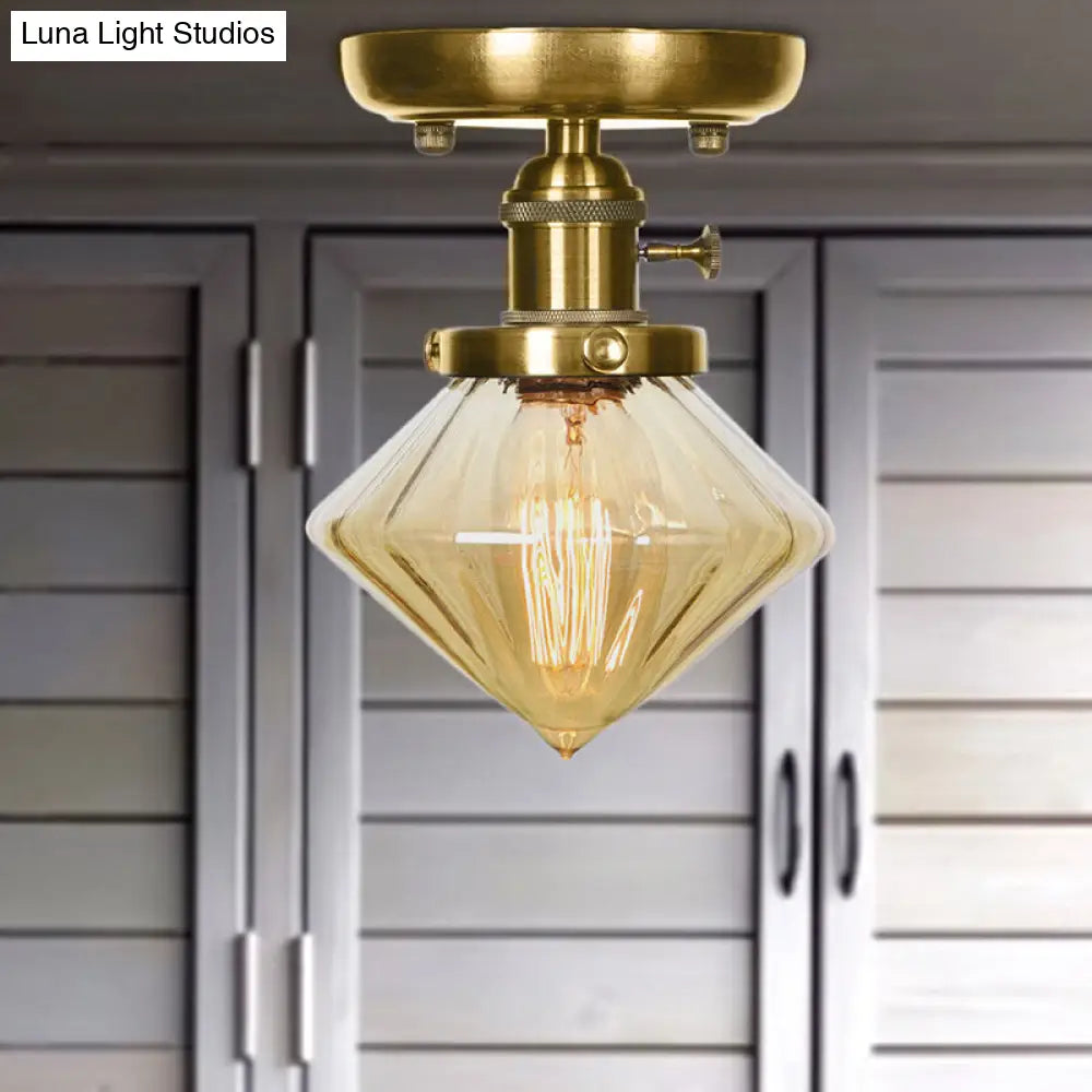 1-Light Clear/Amber Glass Ceiling Lighting - Industrial Brass Cone/Rhombus/Bell Semi Flush Mount for Dining Room