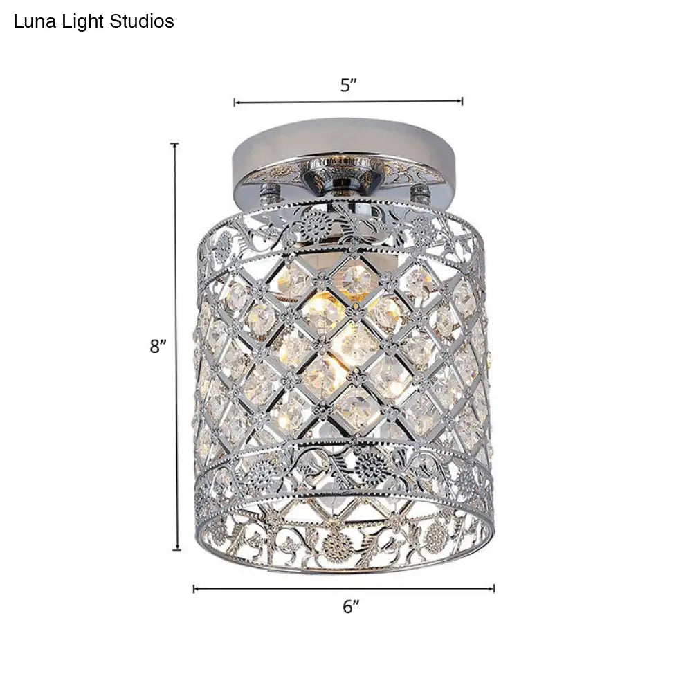 1-Light Crystal Embedded Flush Mount Lamp with Chrome Finish for Aisle- Cylindrical Design