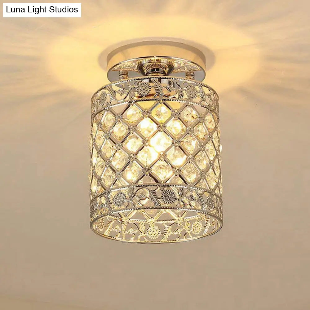 1-Light Crystal Embedded Flush Mount Lamp with Chrome Finish for Aisle- Cylindrical Design