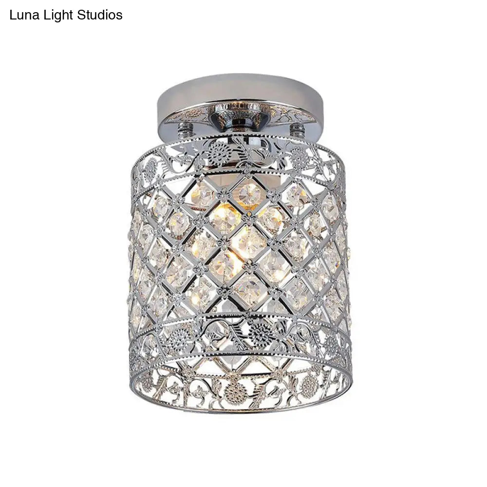 1-Light Crystal Embedded Flush Mount Lamp with Chrome Finish for Aisle- Cylindrical Design