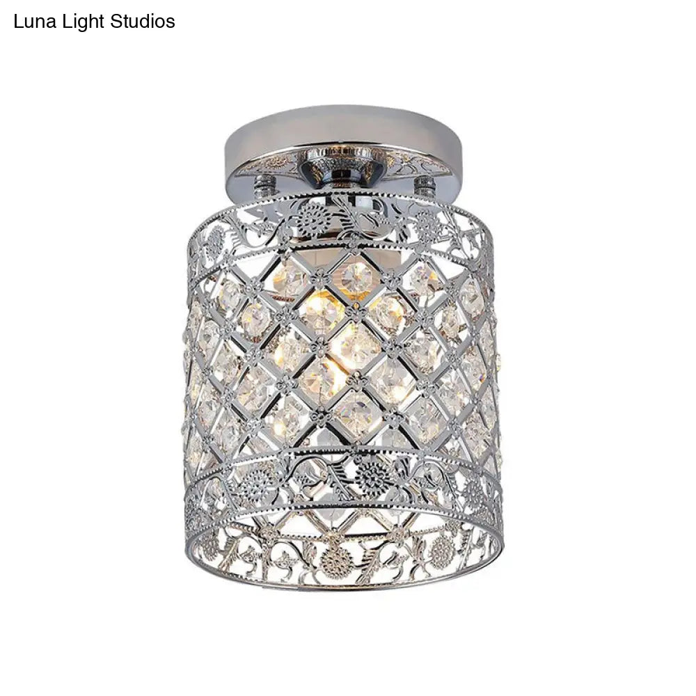 1-Light Crystal Embedded Flush Mount Lamp with Chrome Finish for Aisle- Cylindrical Design