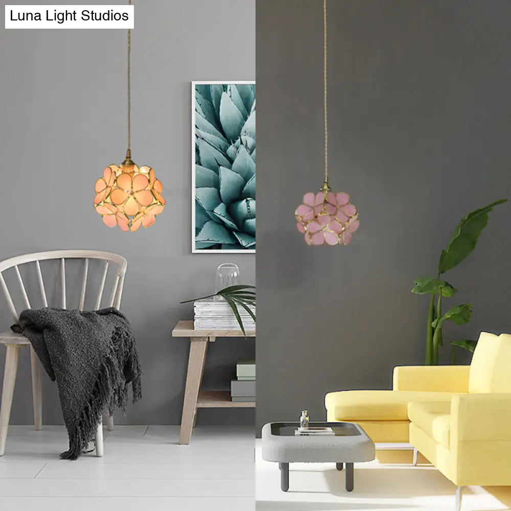 1 Light Flower Hanging Ceiling Light Tiffany Style Blue/Clear/Pink Stainless Glass Suspension Pendant Light