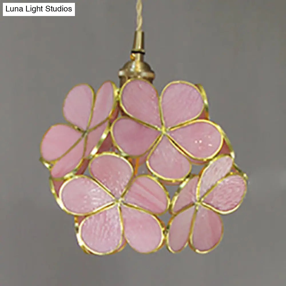 1 Light Flower Hanging Ceiling Light Tiffany Style Blue/Clear/Pink Stainless Glass Suspension Pendant Light