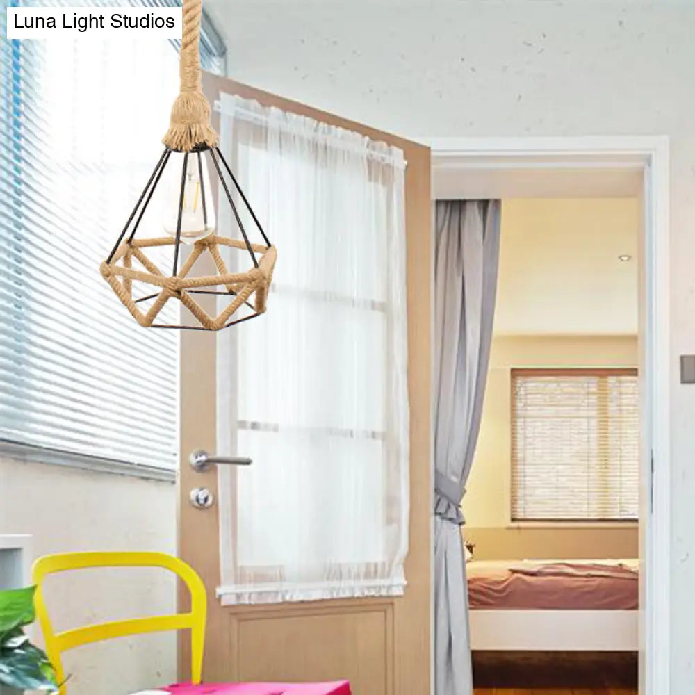 Lámpara colgante geométrica de 1 luz - Lámpara de techo estilo cabaña en metal beige con estructura de cuerda trenzada