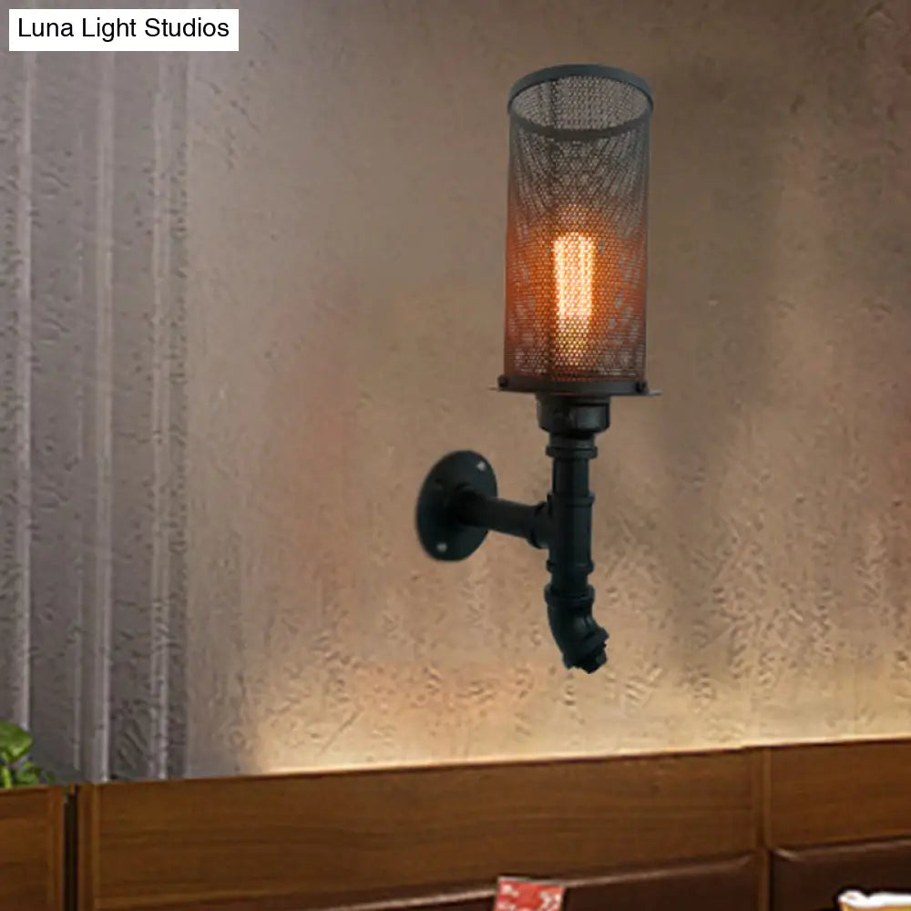 1-Light Industrial Black Wire Mesh Wall Sconce for Bedroom