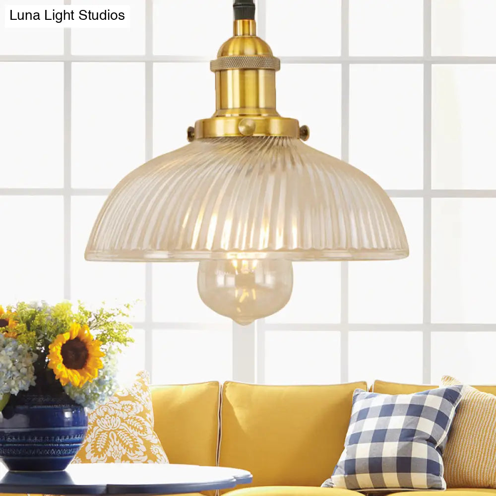 1-Light Ribbed Glass Dome Pendant Ceiling Light for Industrial & Rustic Settings.