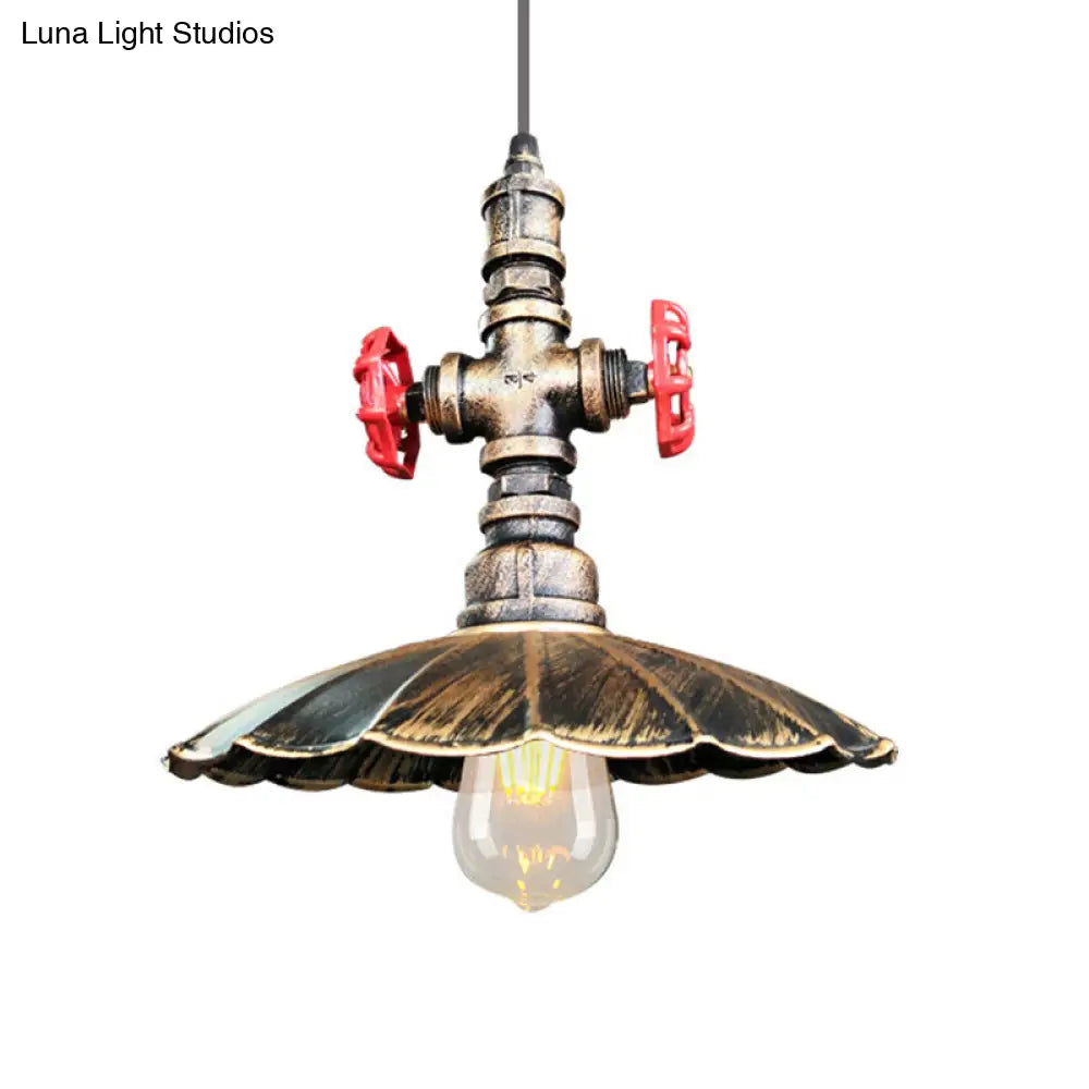 1 Light Rustic Scalloped Edge Ceiling Pendant in Brass/Weathered Copper with Pipe & Valve