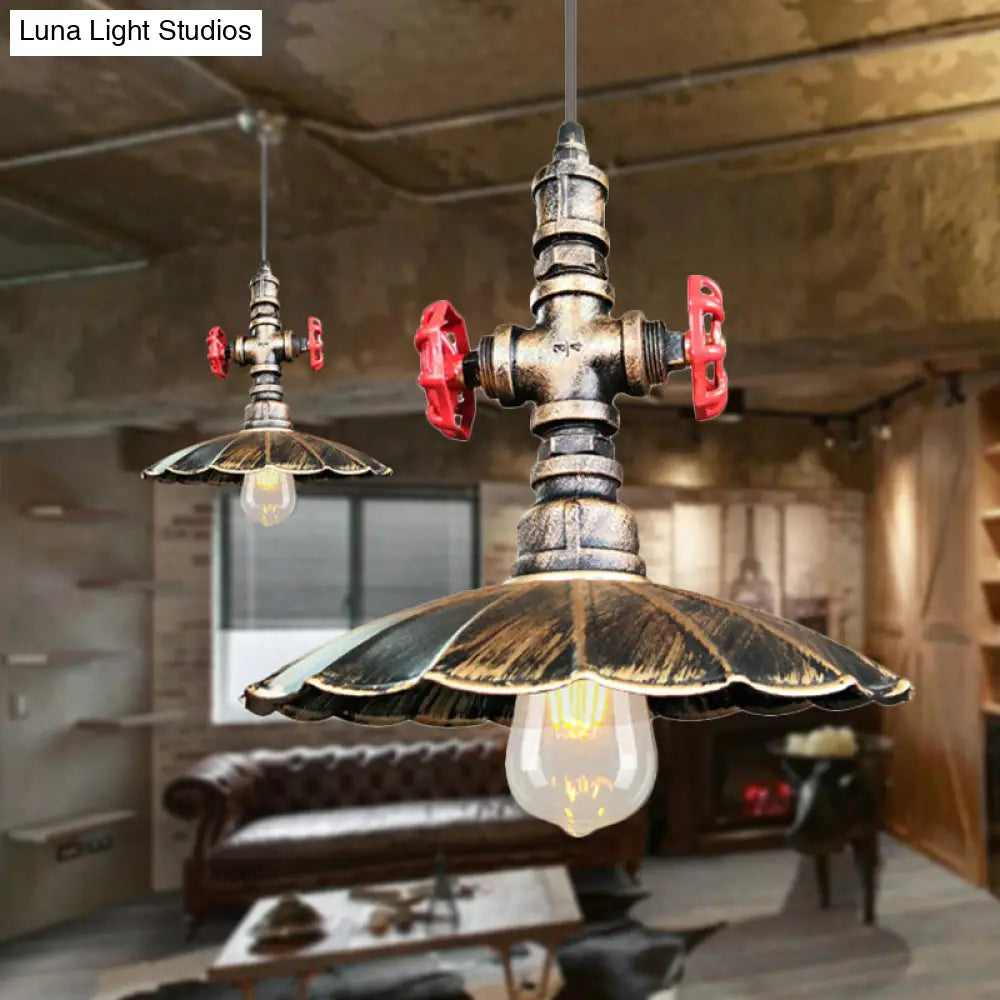 1 Light Rustic Scalloped Edge Ceiling Pendant in Brass/Weathered Copper with Pipe & Valve