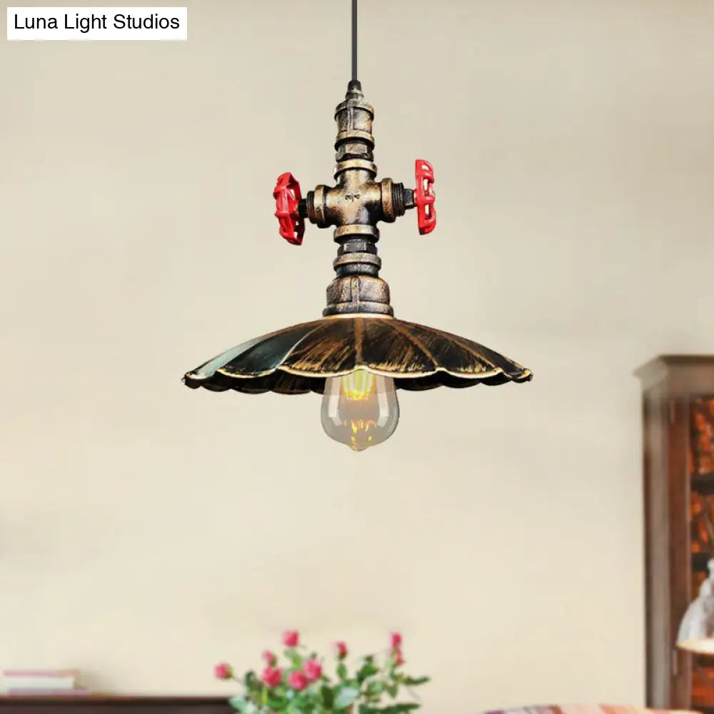 1 Light Rustic Scalloped Edge Ceiling Pendant in Brass/Weathered Copper with Pipe & Valve