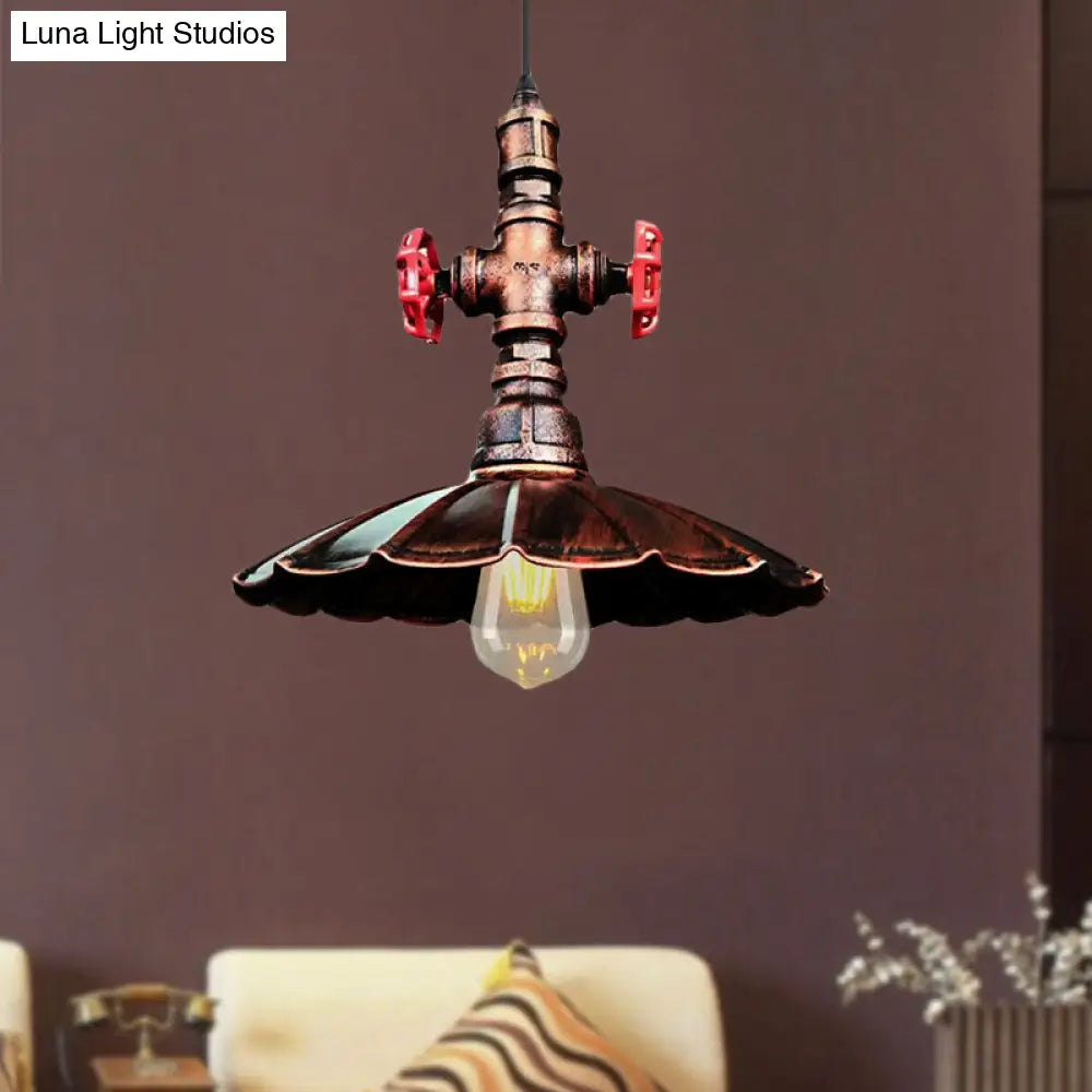 1 Light Rustic Scalloped Edge Ceiling Pendant in Brass/Weathered Copper with Pipe & Valve