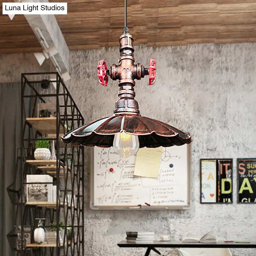 1 Light Rustic Scalloped Edge Ceiling Pendant in Brass/Weathered Copper with Pipe & Valve