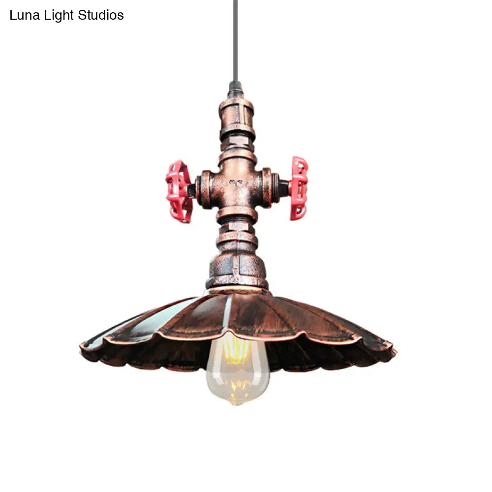 1 Light Rustic Scalloped Edge Ceiling Pendant in Brass/Weathered Copper with Pipe & Valve
