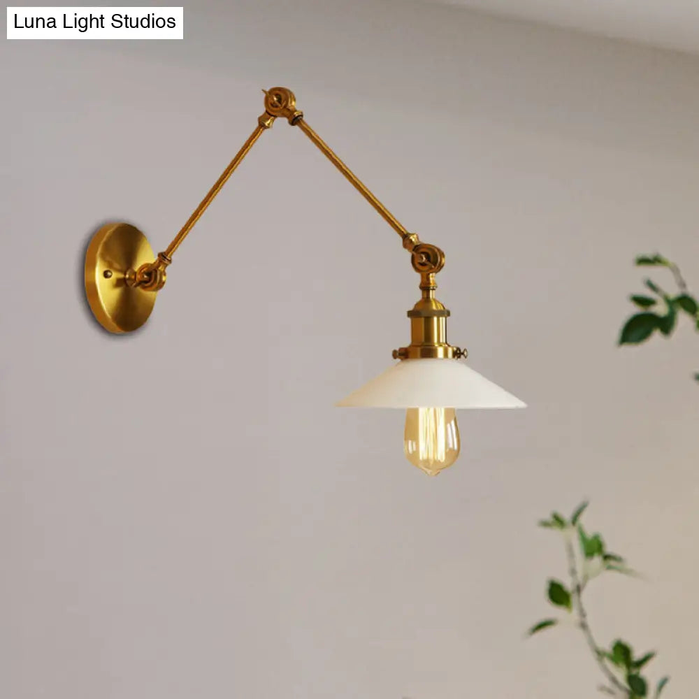 1-Light Saucer Shade Wall Sconce with Swing Arm - Industrial Brass/Bronze Finish and Frosted Glass Lamp