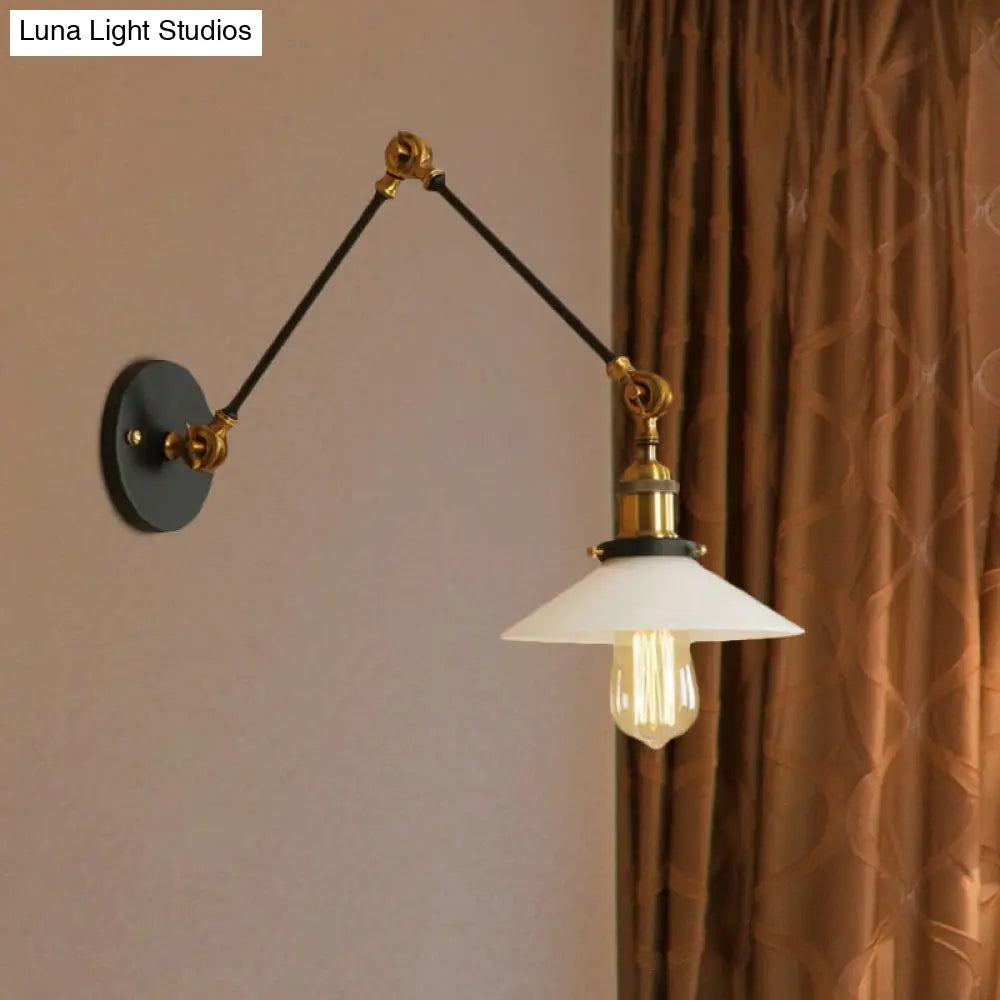 1-Light Saucer Shade Wall Sconce with Swing Arm - Industrial Brass/Bronze Finish and Frosted Glass Lamp