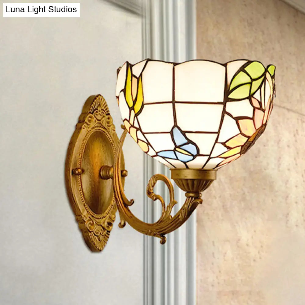 1-Light Stained Art Glass Victorian Sconce in Brass for Bathroom - Grape/Blossom Vanity Lighting Fixture