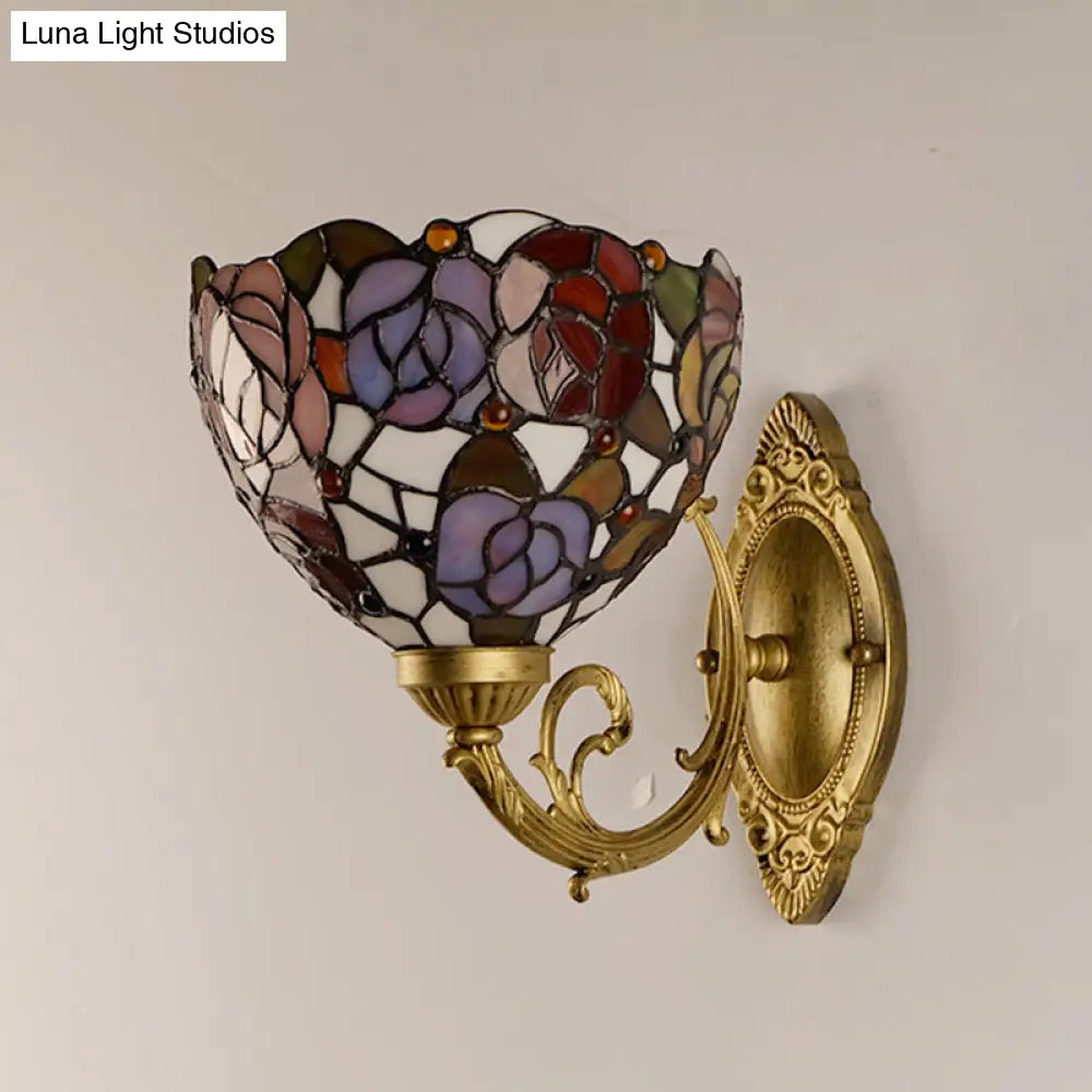 1-Light Stained Art Glass Victorian Sconce in Brass for Bathroom - Grape/Blossom Vanity Lighting Fixture