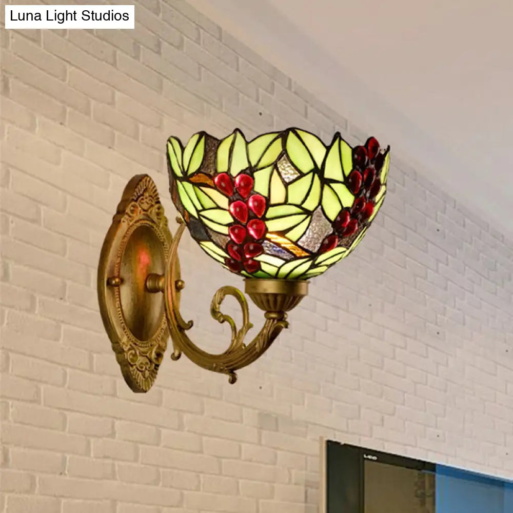 1-Light Stained Art Glass Victorian Sconce in Brass for Bathroom - Grape/Blossom Vanity Lighting Fixture