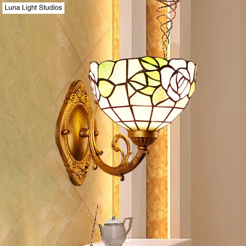 1-Light Stained Art Glass Victorian Sconce in Brass for Bathroom - Grape/Blossom Vanity Lighting Fixture
