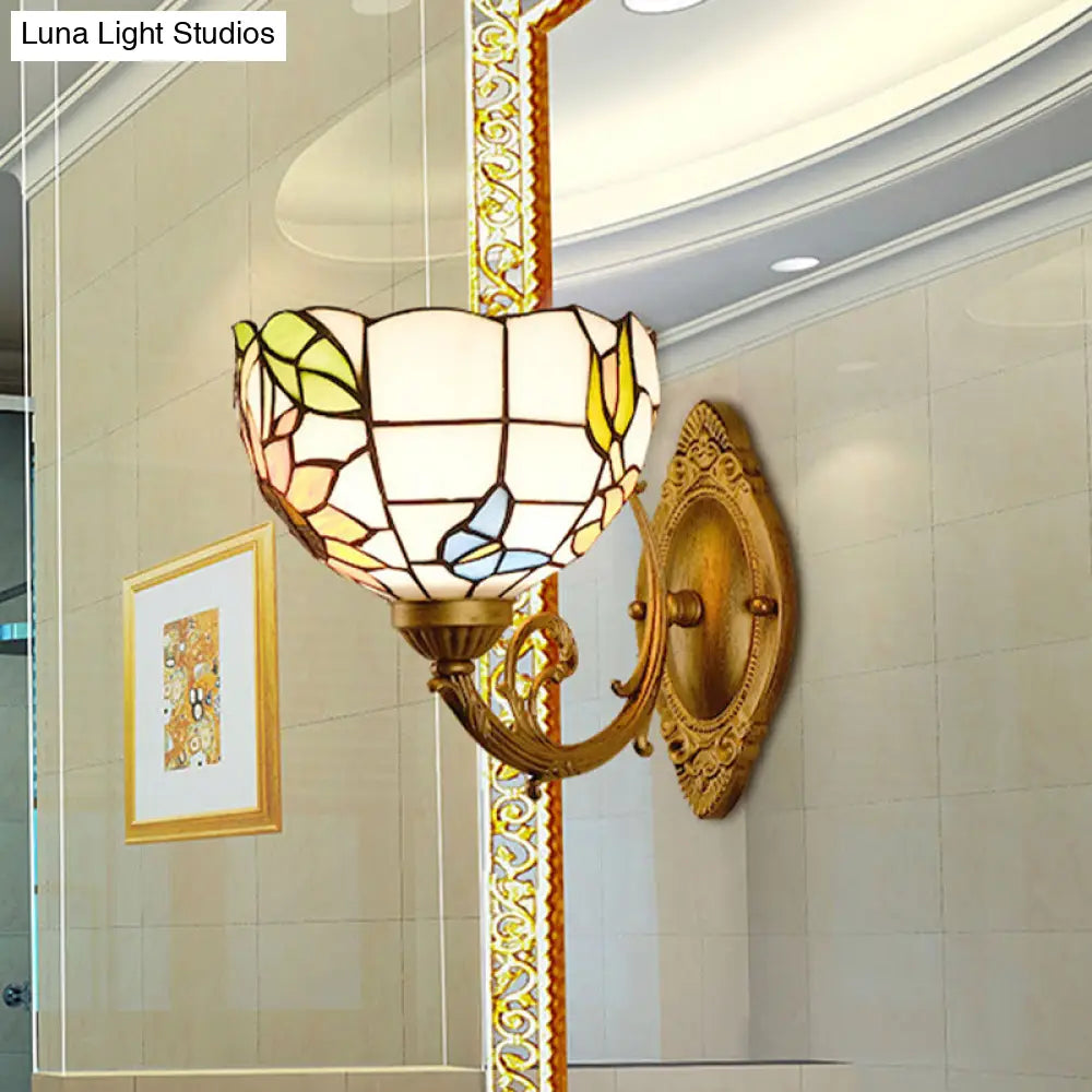 1-Light Stained Art Glass Victorian Sconce in Brass for Bathroom - Grape/Blossom Vanity Lighting Fixture