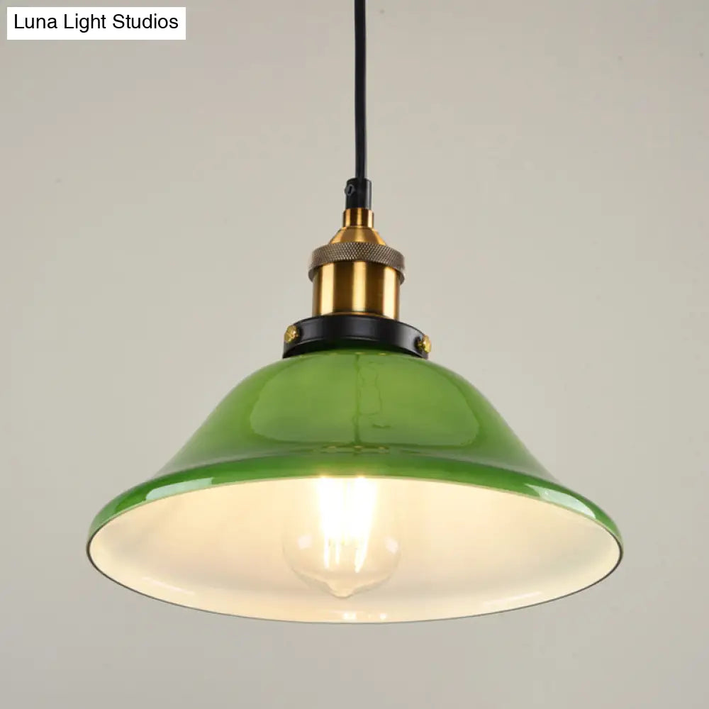 1-Light Vintage Brass Green Glass Pendant Hanging Light Fixture, 8"/10" Width – Perfect for Guest Rooms