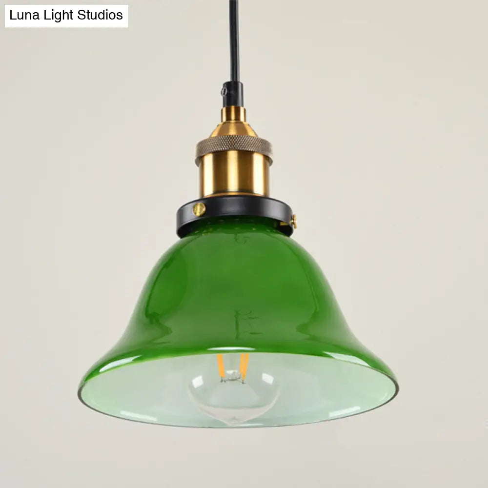 1-Light Vintage Brass Green Glass Pendant Hanging Light Fixture, 8"/10" Width – Perfect for Guest Rooms