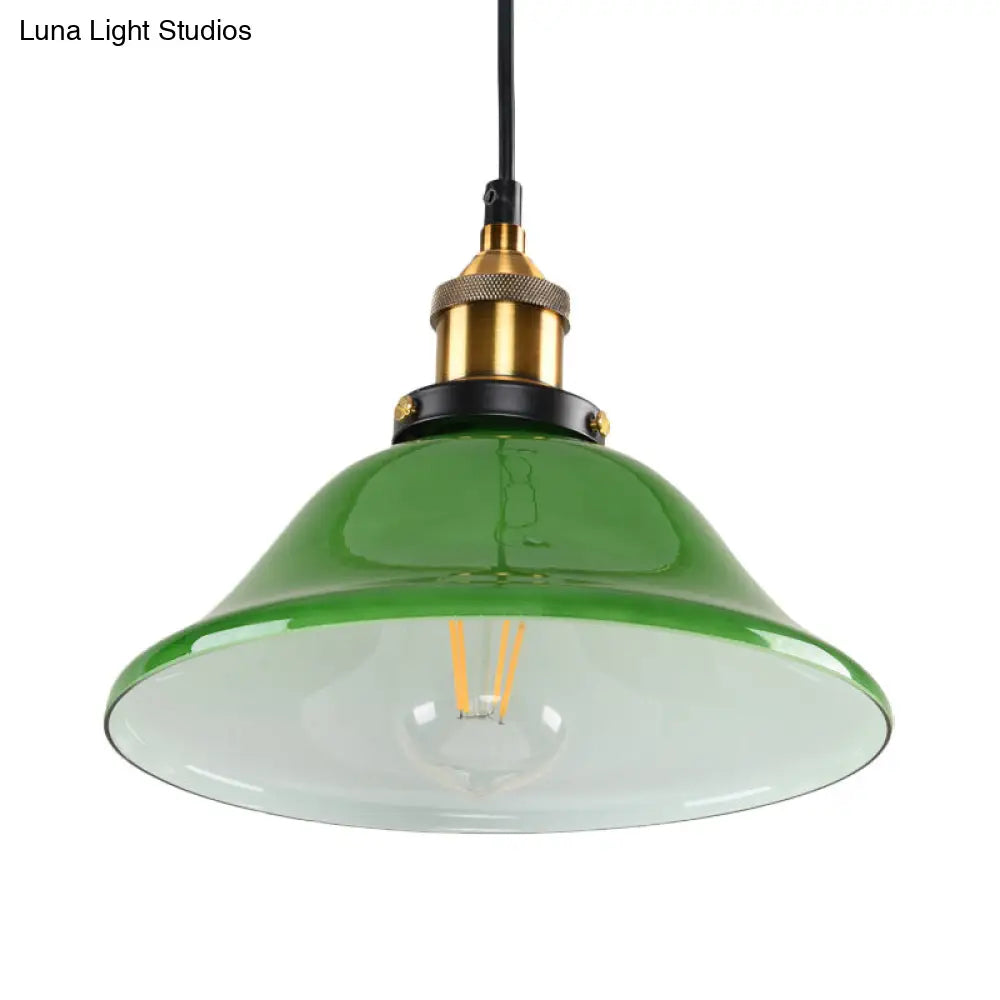 1-Light Vintage Brass Green Glass Pendant Hanging Light Fixture, 8"/10" Width – Perfect for Guest Rooms