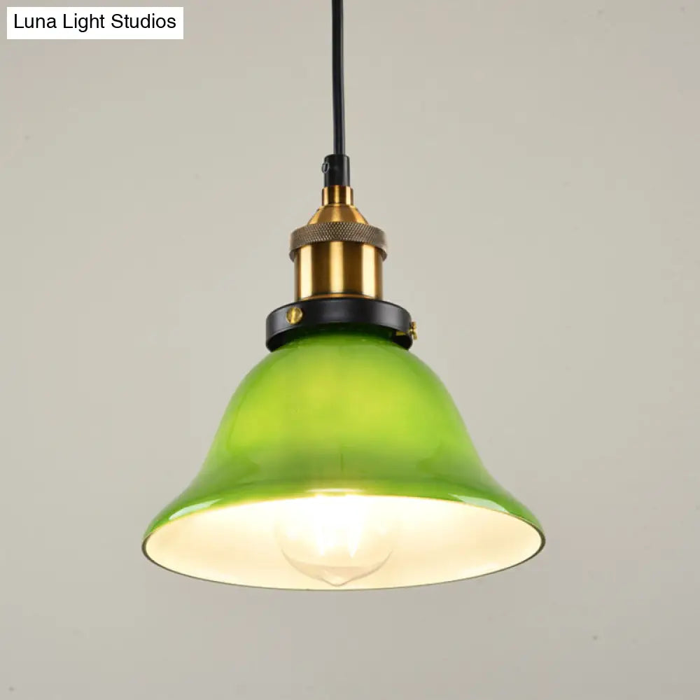 1-Light Vintage Brass Green Glass Pendant Hanging Light Fixture, 8"/10" Width – Perfect for Guest Rooms