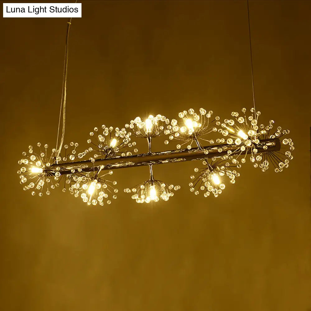 10-Head Clear Crystals Island Lamp: Contemporary Chrome Dandelion Pendant Lighting for Dining Room