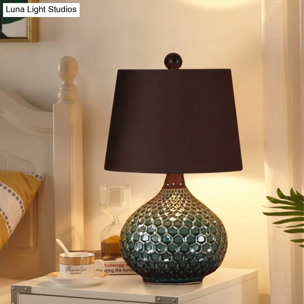 11"/14" Coffee 1-Light Desk Lamp with Antiqued Style Fabric Drum Shade for Nightstand