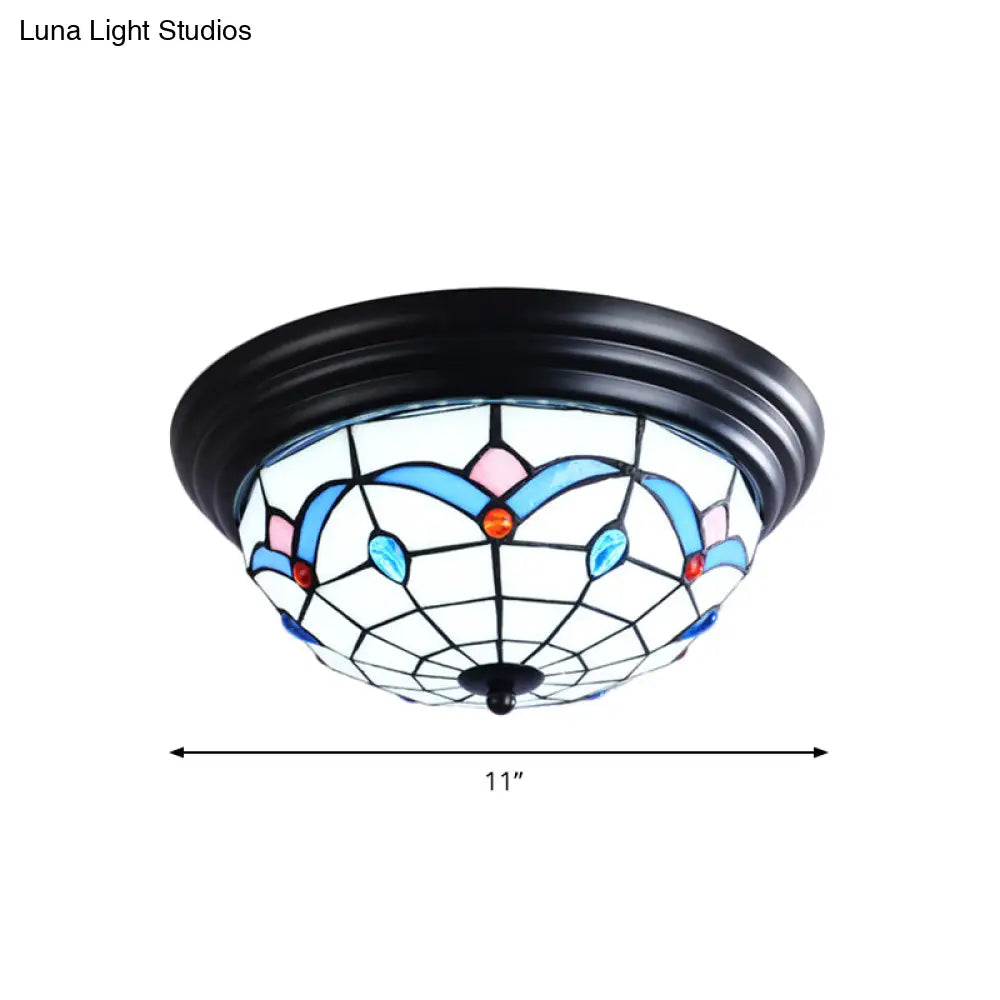 11"/15" Tiffany Cut Glass Flush Ceiling Light - 3-Light Flush Mount Fixture in White - Ideal for Corridors