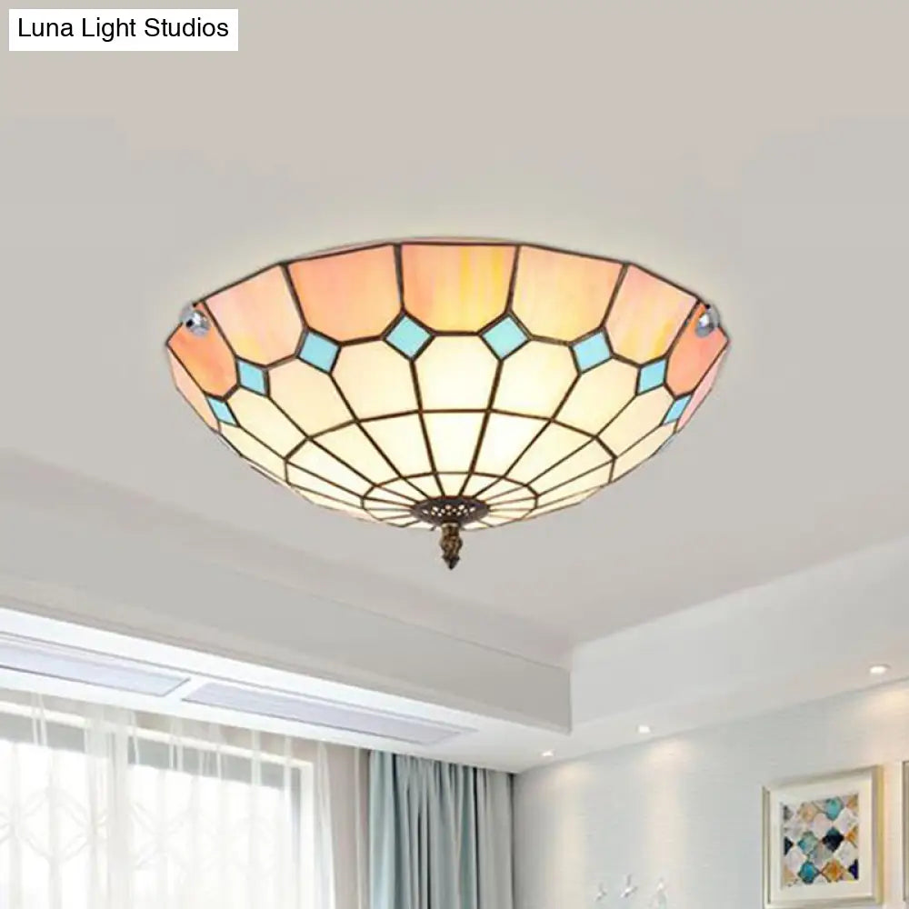 12"/16"/19.5" Wide Pink Tiffany Ceiling Light with Grid Glass Bowl Shade - Perfect for Living Room or Bedroom
