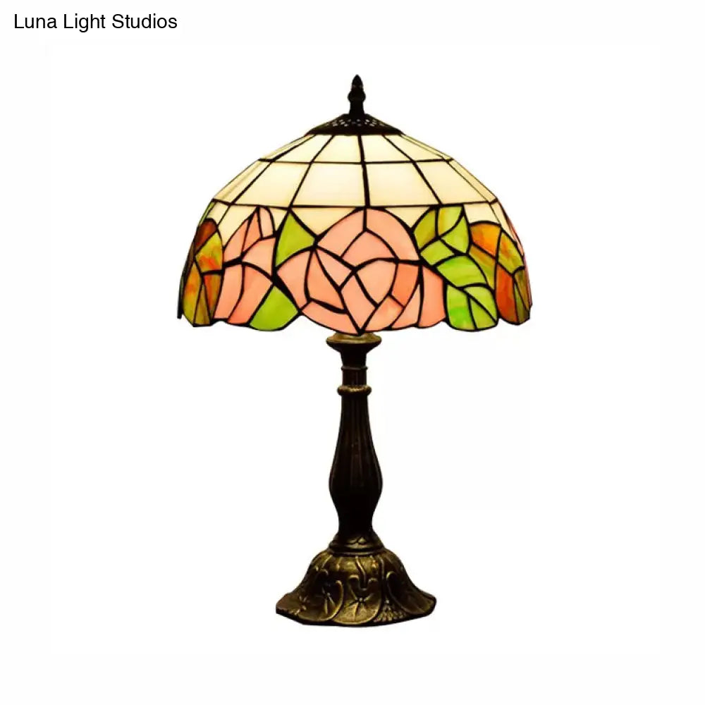 12"/16" Pink Rose Tiffany Stained Glass Table Light with 1 Light in Bronze/Black