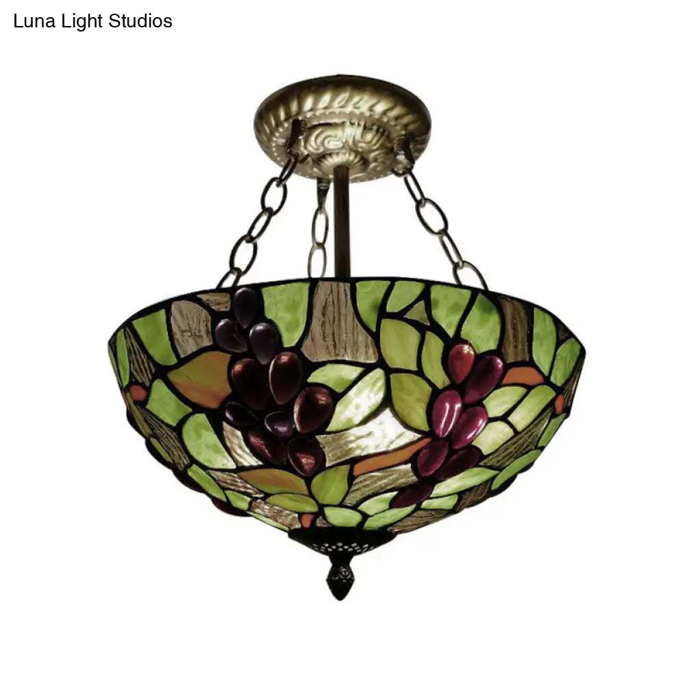 12"/16" W Inverted Semi Flush Light: Stained Glass Bowl Shade, Green
